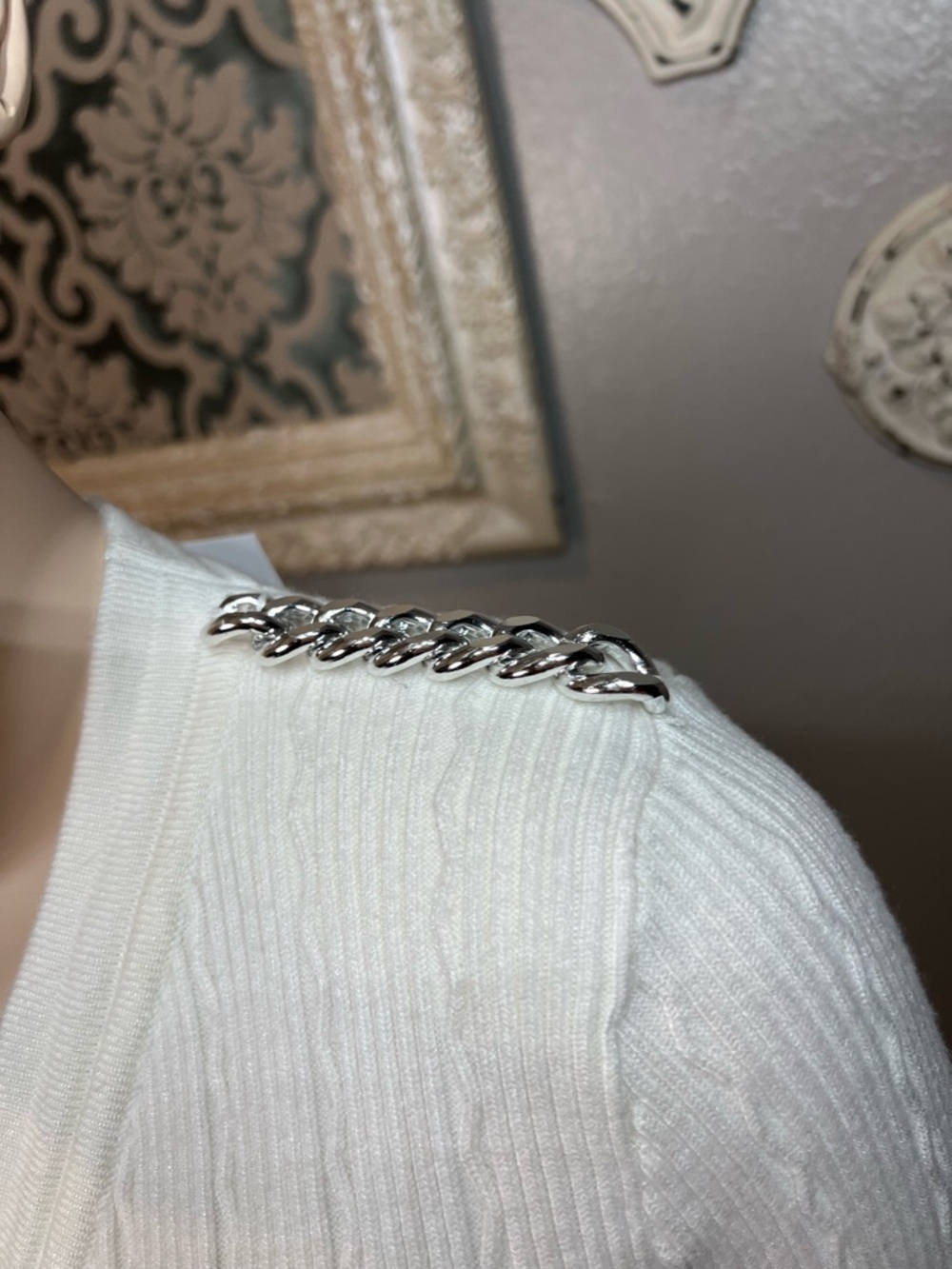 Balmain INSPIRED White Ribbed Knit Cardigan Dress with Chain-Trim Detail - Picture 11 of 15